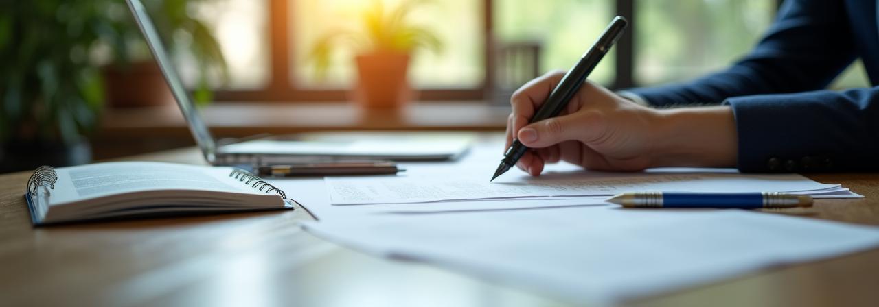 Studio professionale di redazione contrattuale – scrivania con documenti legali e strumenti di lavoro